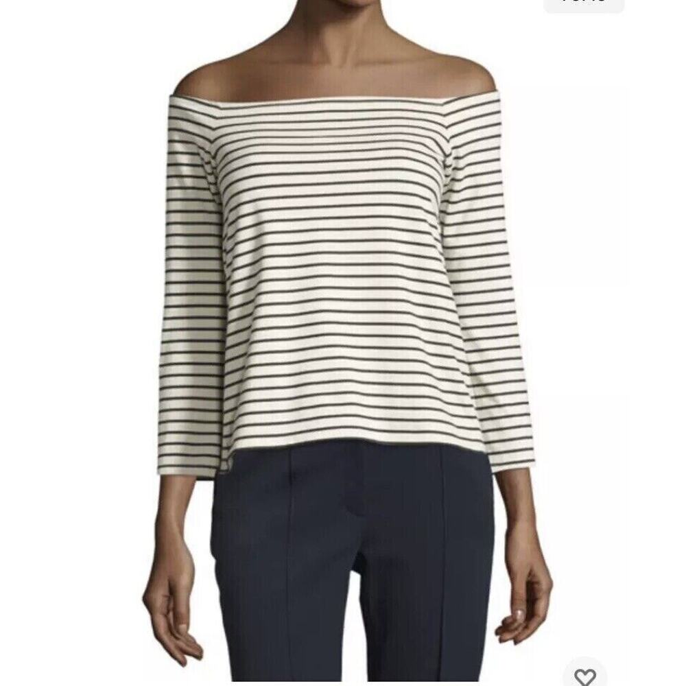 Theory Size M Aprine K Classic Stripe Off-the-Shoulder Top White Black - Picture 2 of 10